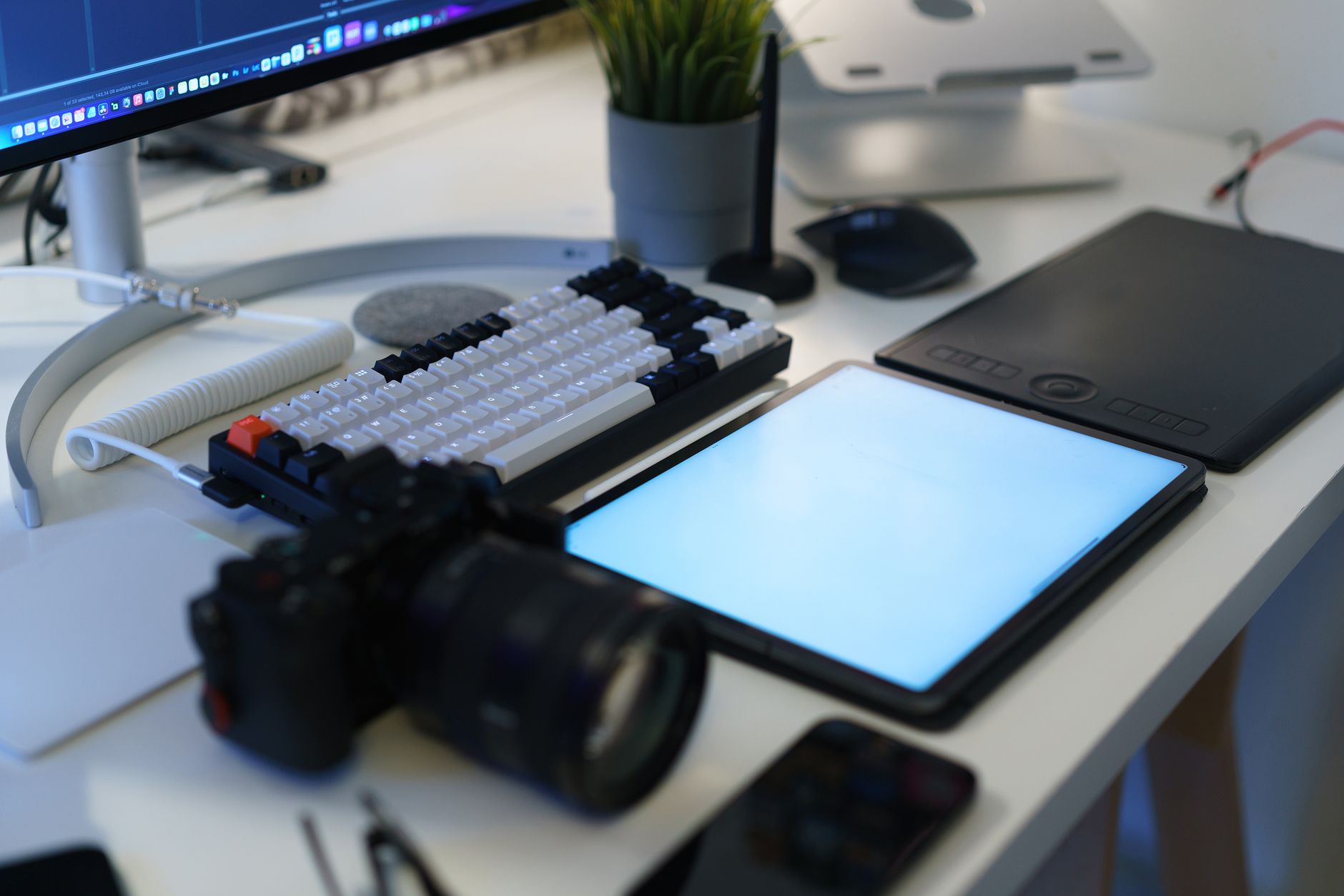 modern home office setup with photography gear